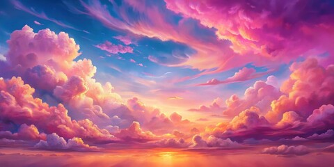 pink sky painting with vibrant pink sunset and fluffy clouds in the background, pink sky, painting, 
