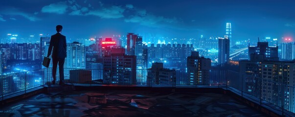 Wall Mural - Office rooftop scene with businessman, night city skyline, briefcase, blue tone, wide angle, cinematic style.