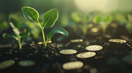 Young plant growing from soil with stacked coins, symbolizing financial growth and investment