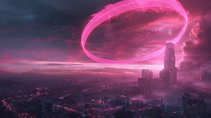 Wall Mural - Symbolic Pink Ribbon Halo Encircling Urban Skyline
