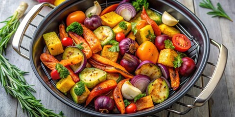 Colorful roasted vegetables in an air fryer basket, vegetables, colorful, roasted, air fryer, basket, healthy, cooking, food