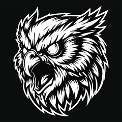 Wall Mural - Dark Art Angry Wild Owl Head Black and White Illustration