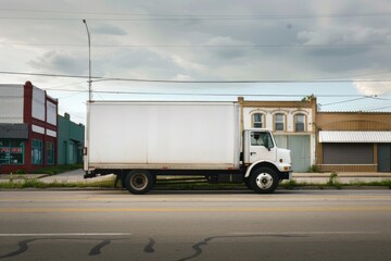 Wall Mural - A white truck driving down a busy city street