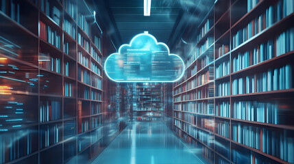 Wall Mural - Virtual bookshelves in a cloud environment, cloud storage, digital library concept