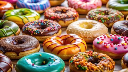 colorful close-up of glazed donuts with various toppings, glazed, donuts, toppings, colorful, close-