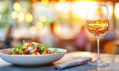 A beautiful plate of gourmet food paired with a glass of wine, set against a warm, glowing background, perfect for dining moments.