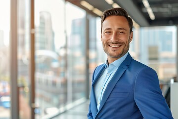 Wall Mural - Portrait of a businessman in a blue suit, smiling, with a blurred modern office and cityscape background, copy space on the right.