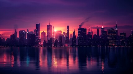 A silhouetted cityscape at sunset, with reflections in the water.