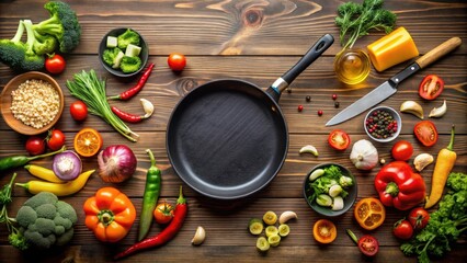 Top view of a cooking desk with a frying pan and vegetables being cut , cooking, kitchen, food preparation, meal