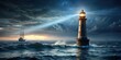 © Nasnunt - Tall lighthouse guiding ships in the dark ocean , night, light, beacon, navigation, maritime, safety, water, coastline, structure