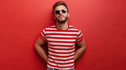 Man in Striped Shirt with Sunglasses Against Red Wall