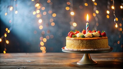 Delicious birthday cake with lit candle in a festive setting, celebration, party, dessert, sweet, candlelight