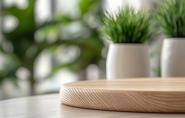 Canvas Print - Wooden table with green leaves and blurred natural background during daylight