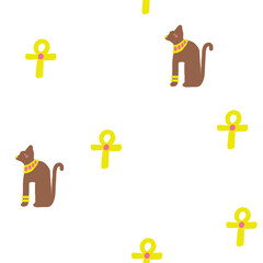 Cute ancient Egypt seamless pattern. Funny hand drawn doodle repeatable pattern with sacred cat statue, ankh symbol. Old civilization, desert, arab theme background