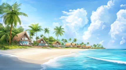 Wall Mural - A beach scene with palm trees and houses in the background