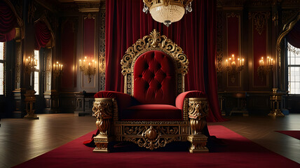 A red chair with a gold frame and red curtains with candles on it.	