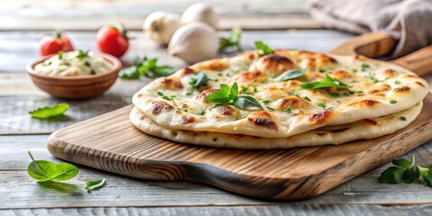 Tasty flatbread on wooden board closeup on light background, flatbread, wooden board, closeup, food, delicious, appetizing