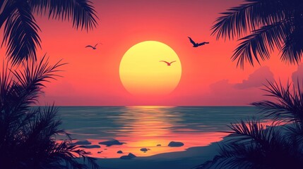 Wall Mural - A beautiful sunset over the ocean with palm trees in the background