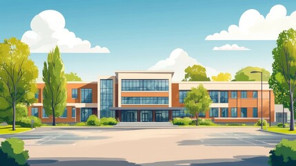 Wall Mural - Modern brick building with a large parking lot in front of it.