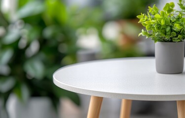 Canvas Print - Small white table with a potted plant surrounded by lush green indoor foliage