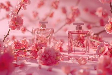 Poster - Two perfume bottles sit atop a bed of flowers, perfect for a romantic get-away or special occasion