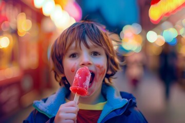 Cheerful kid bright smile and nurturing lively presence. Ice cream brings pure happiness to this child.  It highlights pure joy and animated spirit found young children.