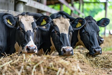 Wall Mural - A group of cows standing together in black and white, ideal for use in animal-themed designs or illustrations