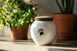 © Anastasiia S - Light ceramic urn with pet ashes with paw print on it standing on stone shelf at home. Sunlight. Copy space. Funeral concept. Final resting place for a departed soul.