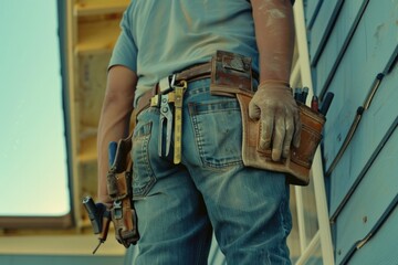 Poster - A person standing on a ladder holding a tool belt, useful for DIY projects or handyman scenes