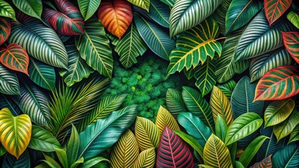 Lush tapestry of tropical leaves creating a vibrant natural pattern, foliage, tropical, lush, green, vibrant, leaves, texture