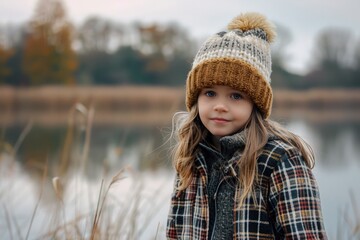 A young girl stands by the shore of a calm lake, wearing a hat and enjoying the scenery