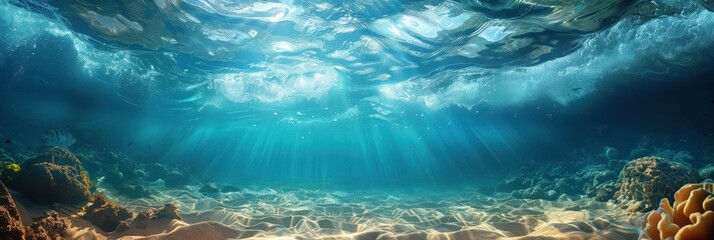 Wall Mural - Serene underwater scene with sun rays piercing through the ocean, revealing the sandy seabed. Free copy space for text.