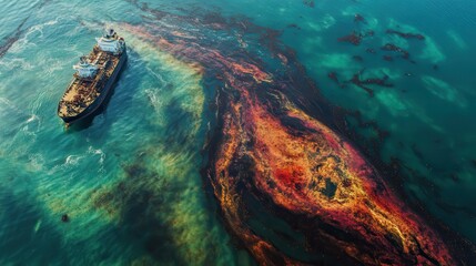 Aerial view of a dramatic oil spill in the ocean with a large tanker nearby, showing environmental impact