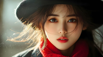 Poster - Close-up portrait of a young woman wearing a black hat and a red scarf with wind blowing through her hair.