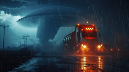 Canvas Print - A big rig driving down a wet highway