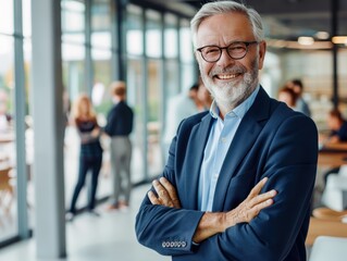 Professional portrait of a happy senior businessman with arms crossed, standing in a modern office, people in background.