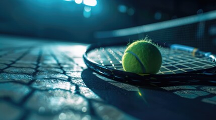 A tennis racket and ball on a tennis court, ready for a game