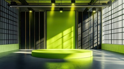 Lime Green Prism Podium with Blackened Steel Panels, Modern Artistic Display for Cosmetic Product, Bold Color Blocking, Enhanced by Industrial Spotlights