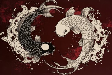 Intricate black and white Japanese tattoo design featuring two koi fish in a dynamic circular formation symbolizing balance and harmony