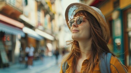 Poster - A woman wearing a hat and sunglasses walking down a city street