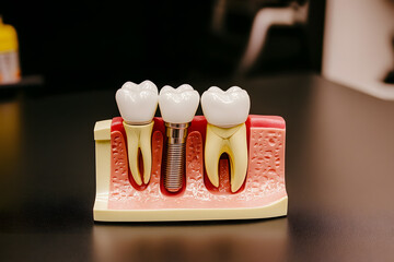 Wall Mural - Jaw with gums and teeth and dental implant screws. Dental implant process, 3D illustration
