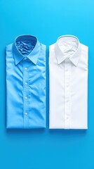 Wall Mural - Flat lay of folded blue and white shirts on a bright blue background. Perfect for showcasing fashion and style.