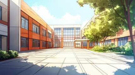 Wall Mural - Sketch of a modern school building with large windows, a covered entrance, and a paved courtyard with green bushes and trees.