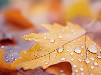 Canvas Print - Rain-soaked autumn leaf with droplets in a blurred forest backdrop