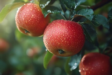 Wall Mural - Apples on a tree with raindrops, from early apple varieties