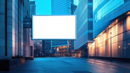 Large blank advertising board on a minimalist concrete building, surrounded by modern office structures, cool blue tones and soft evening lighting in an empty urban street. Empty advertising banner