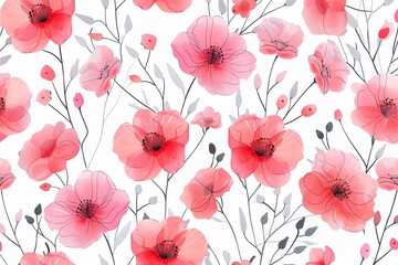 Wall Mural - seamless pattern with poppies. Adorable pink floral pattern on white isolated