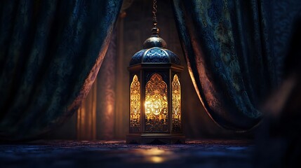 Wall Mural - Eid Mubarak and Ramadan Kareem greetings with an Islam lantern, mosque banner backdrop