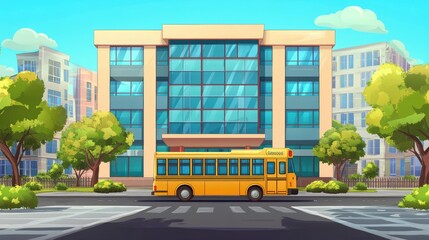 Wall Mural - Yellow school bus driving down the street in front of a modern building on a sunny day.