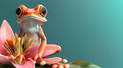 A colorful frog sits on a pink flower with a teal background.